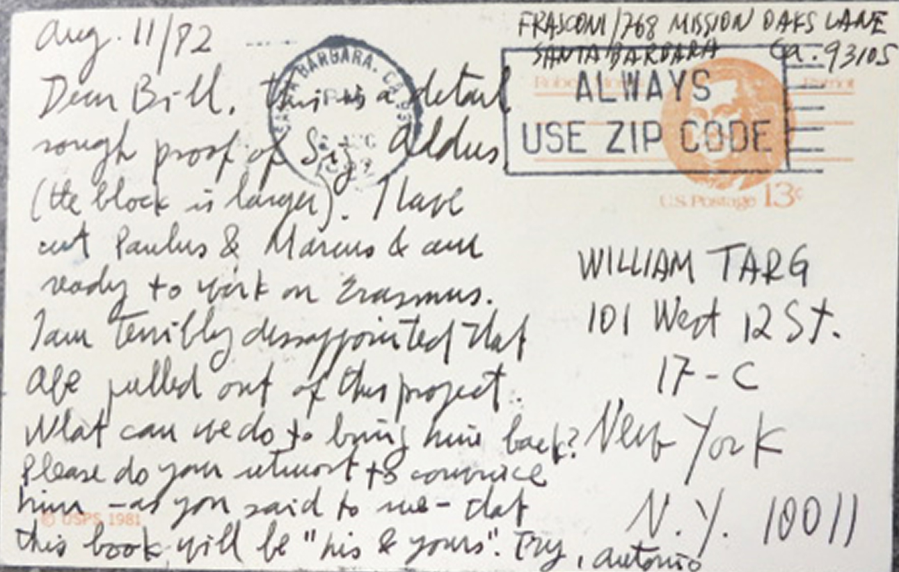 Postcard from Antonio Frasconi to William Targ