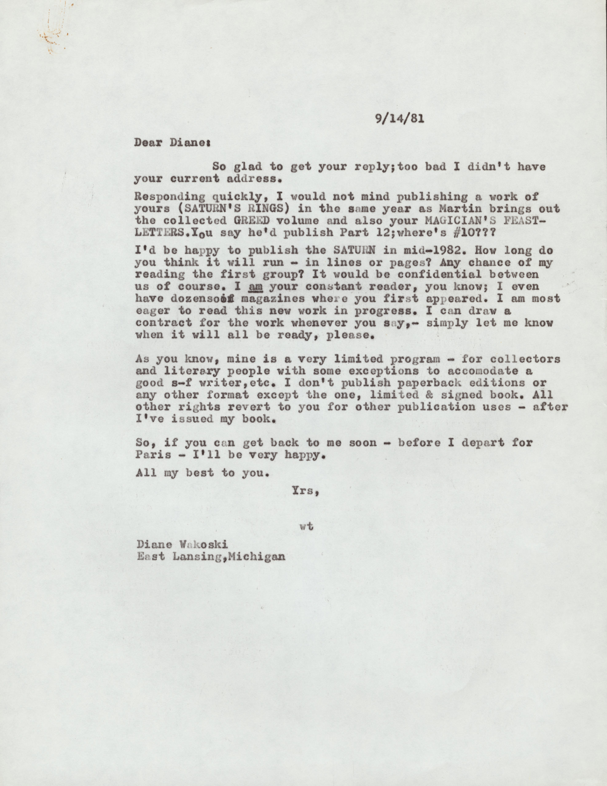 William Targ letter to Diane Wakoski