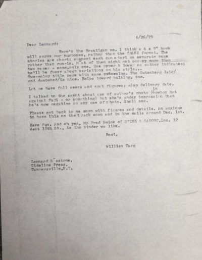 William Targ letter to Leonard Seastone