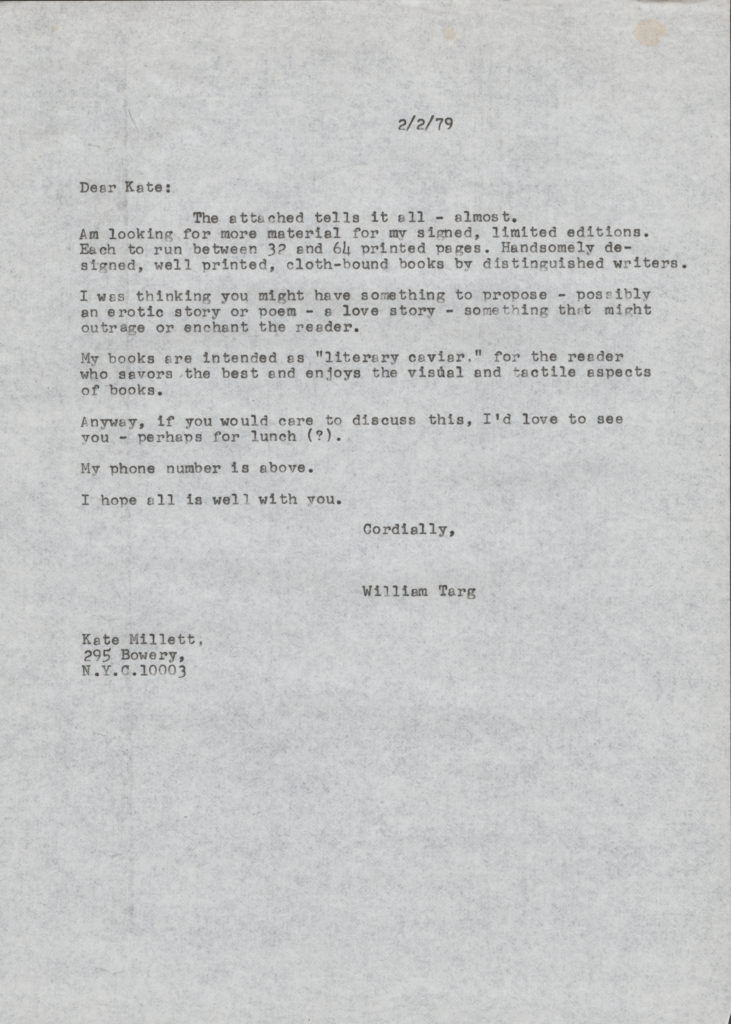 William Targ letter to Kate Millett