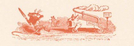 red graphic of mouse printer being chased by cat train on cream background